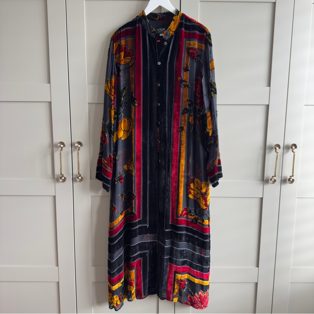 Citron Santa Monica Silk Velvet Coat Dress Button Down Cardigan Wearable Art